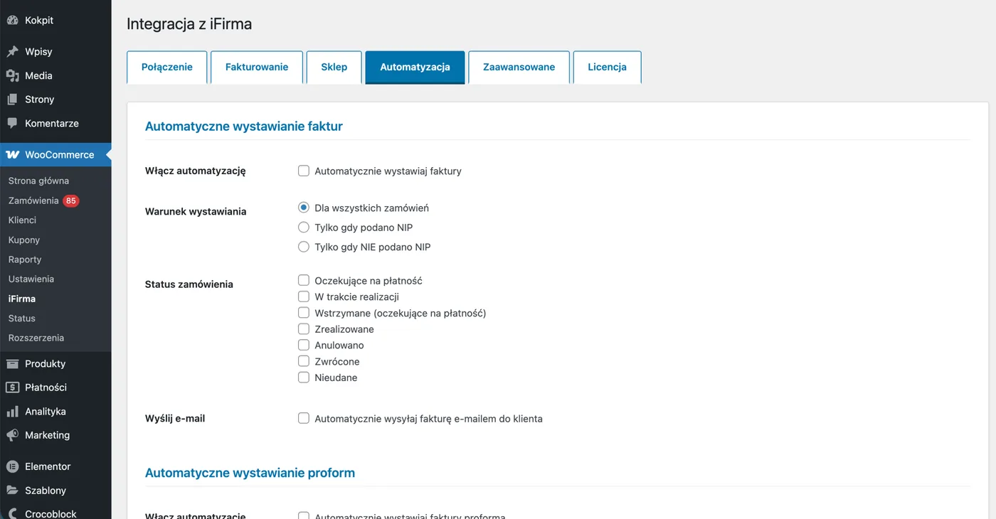 Automatyczne wystawianie faktur: włączenie automatyzacji, warunek wystawiania, statusy zamówienia i wysyłka e-mailem